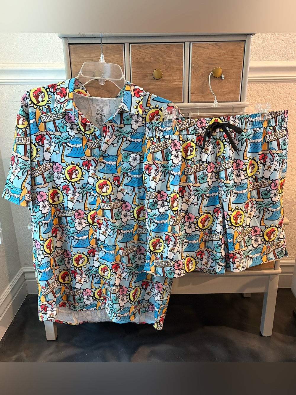 Buc-ees Beach Camper Hawaiian Tropical Surfer Shirt Swim Shorts Trunks Set LARGE